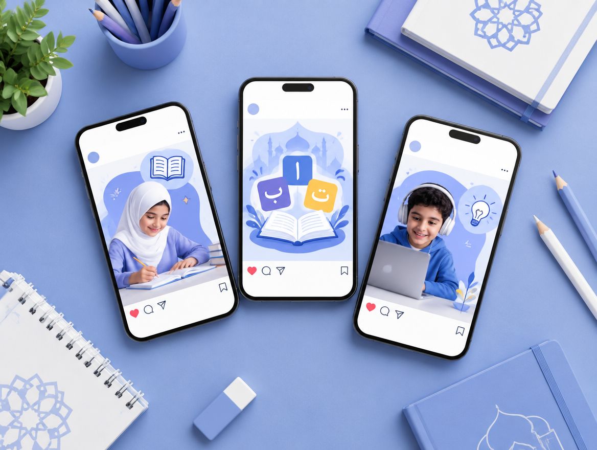 Three phones showing illustrated social posts for an Arabic learning app for children