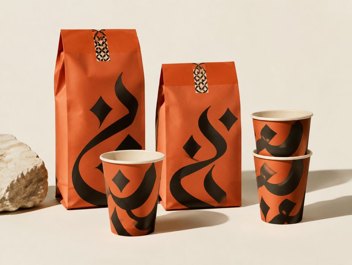 Orange coffee bags and paper cups printed with bold black Arabic letterforms