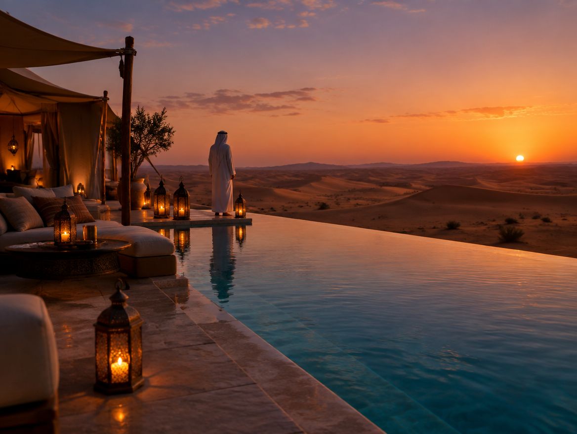 An infinity pool and lanterns at a desert resort at sunset