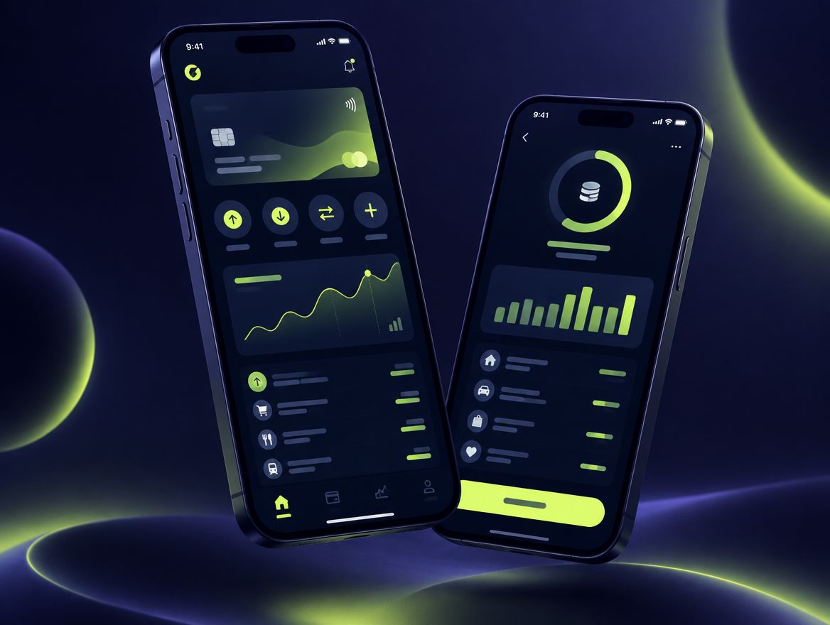 Two phones showing a dark payments app with lime-green charts